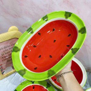 Đĩa oval dưa hấu 3D màu xanh đỏ độc đáo